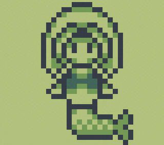 Sprite de uma sereia em estilo Gameboy, que me lembra bastante os sprites de Pokemon Red e Blue